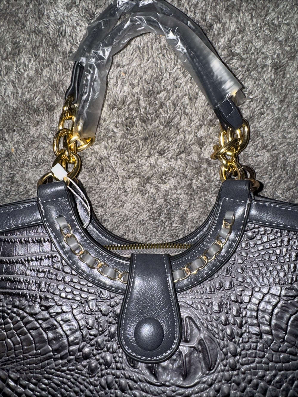 Textured Croc-Embossed Shoulder Bag with Gold Chain Detail - dark gray